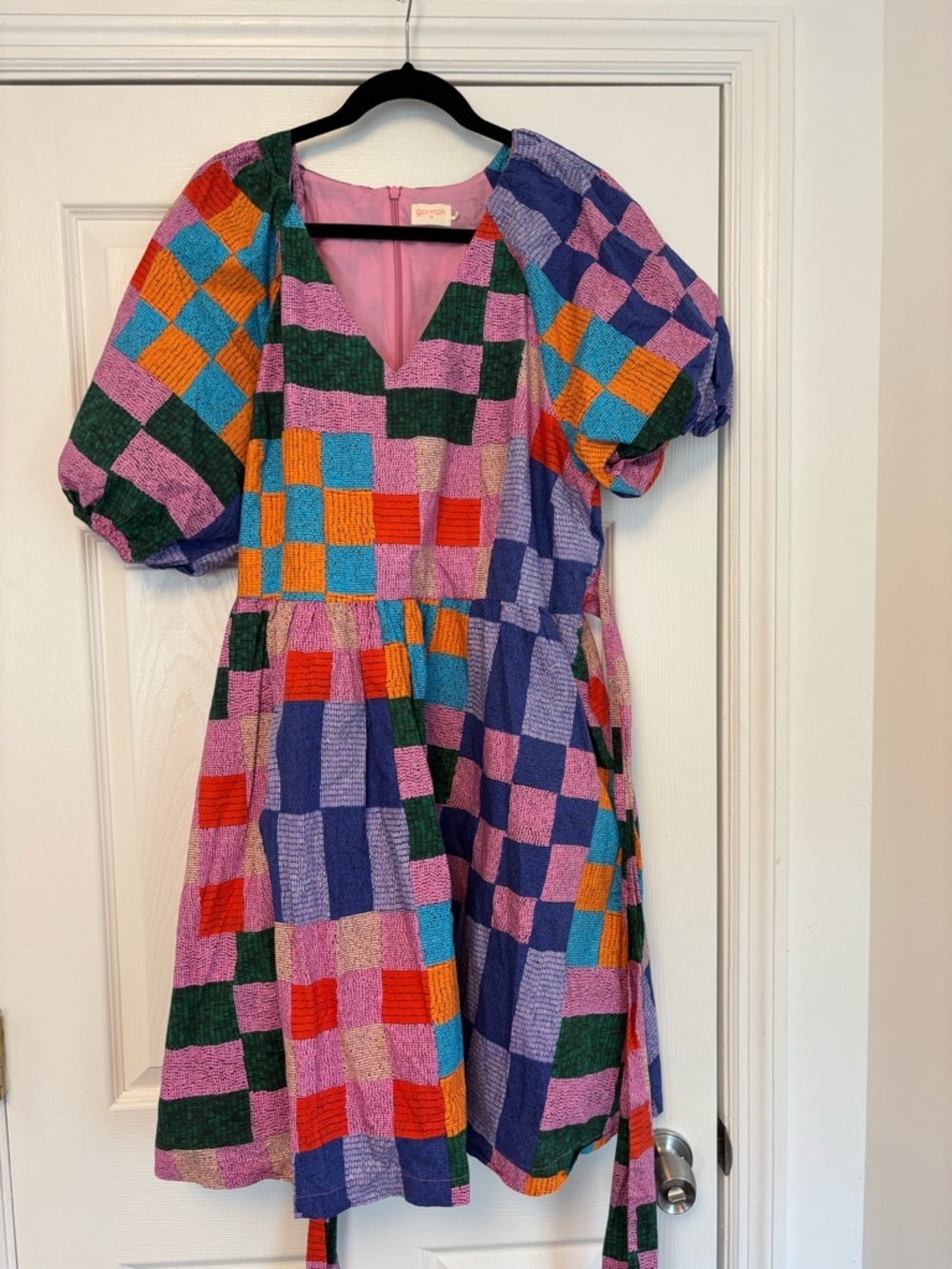 Gorman Patchwork Geometric Organic Cotton Mini Dress Size 18 Puff Sleeve Dress - Picture 11 of 13